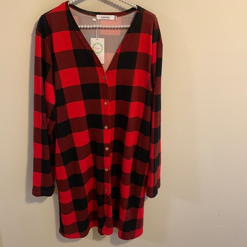 NEW Lacozy Womens Red Black Buffalo Plaid Button Front Sleep Gown Pajamas 2XL